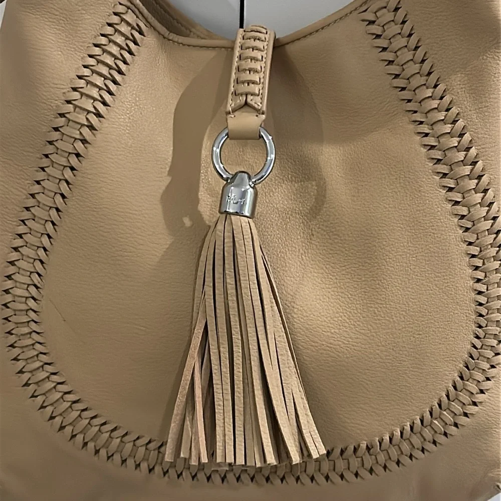 Lauren Ralph Lauren Tan Leather Hobo Bag with Tassel
